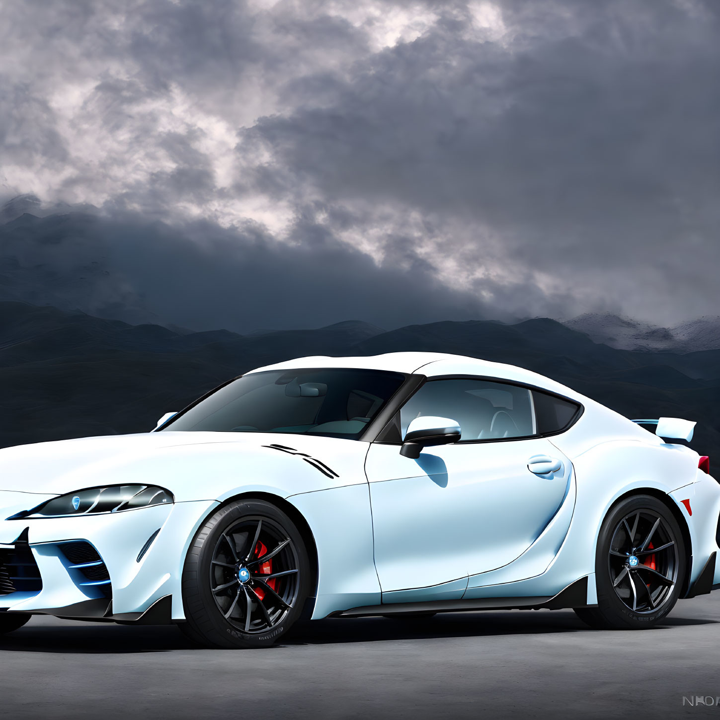 White Sports Car with Black Accents and Red Brake Calipers Against Stormy Clouds