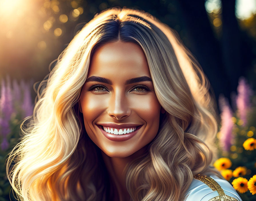 Blonde Woman Smiling in Sunny Floral Setting