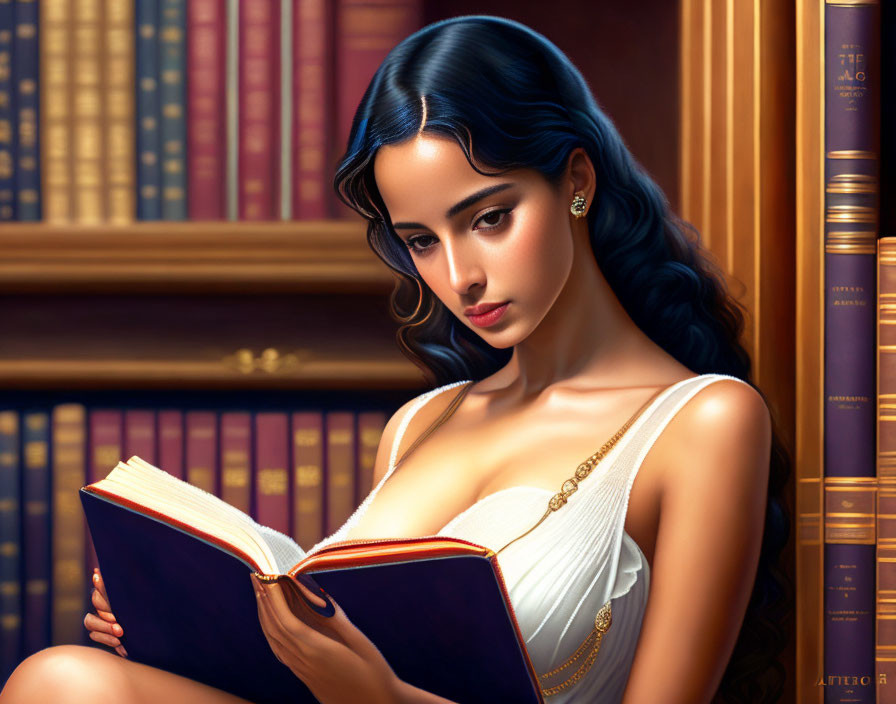 Dark-haired woman reading book in library surrounded by shelves.