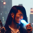 Cybernetic arm exhales blue smoke in neon-lit cityscape.