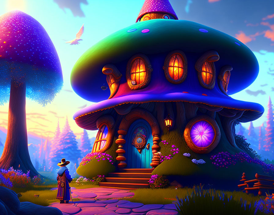 Colorful mushroomhouse with a wizard 