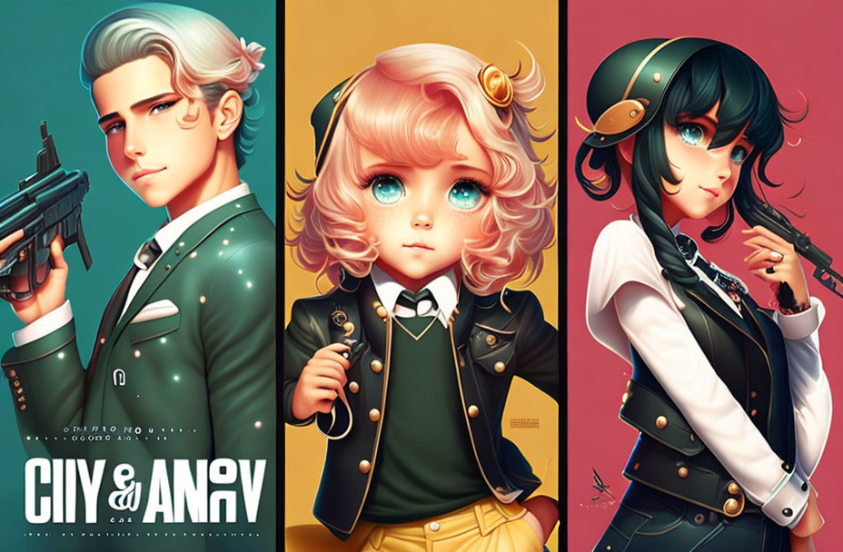 Three stylized animated characters with colorful eyes and unique hairstyles in modern-vintage uniforms holding guns.