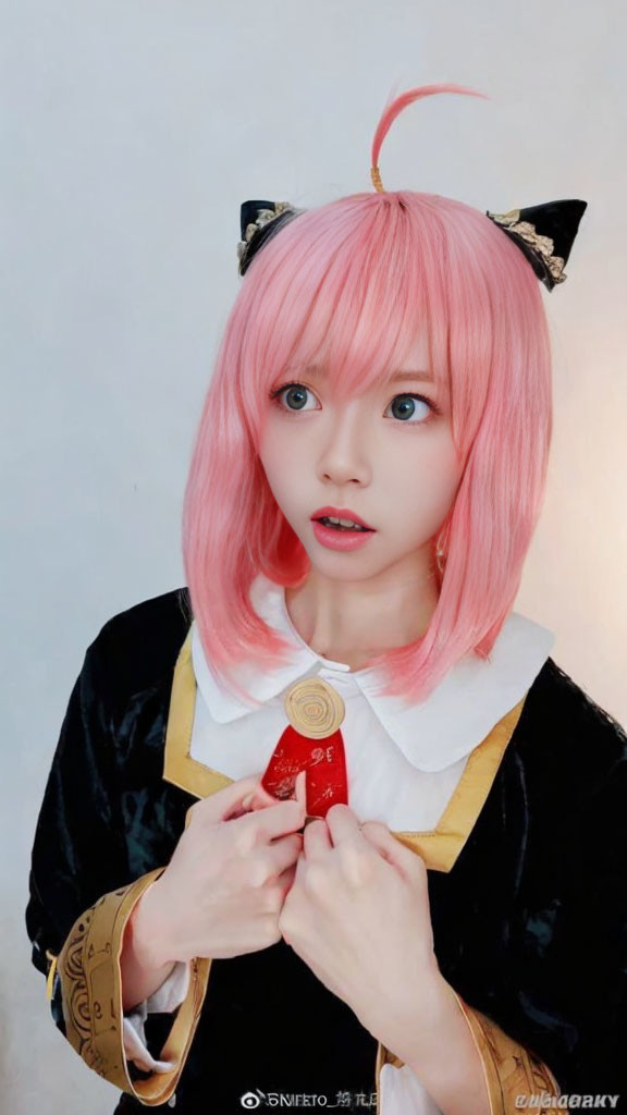 Cosplayer with Pink Hair and Cat Ears in Surprised Expression Holding Object