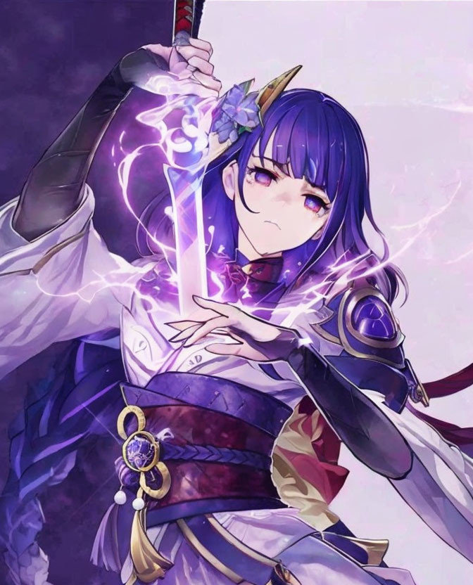 Blue-haired female anime character wields glowing purple sword in fantasy armor.