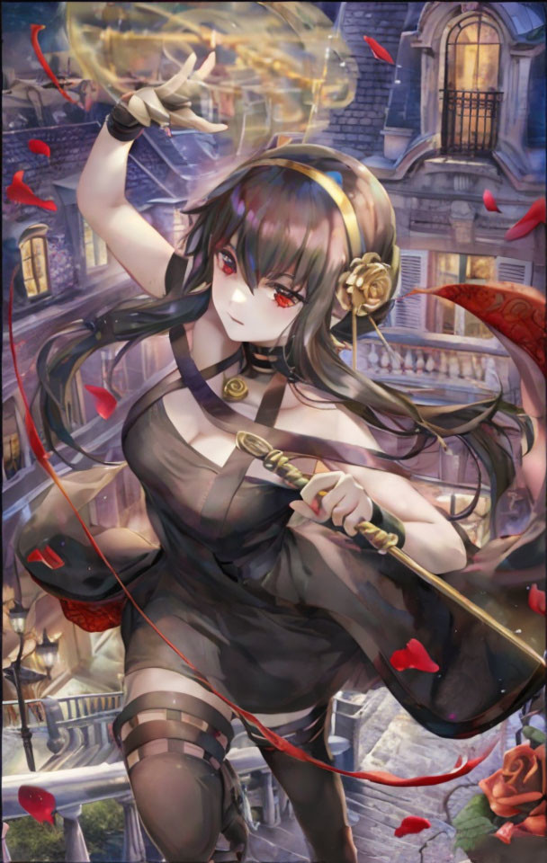 Illustrated character with long black hair and red eyes in black and gold dress wields glowing swords against