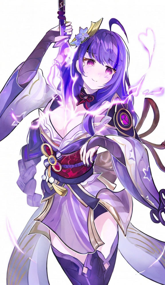 Purple-haired animated character with sword and armor in gold accents.