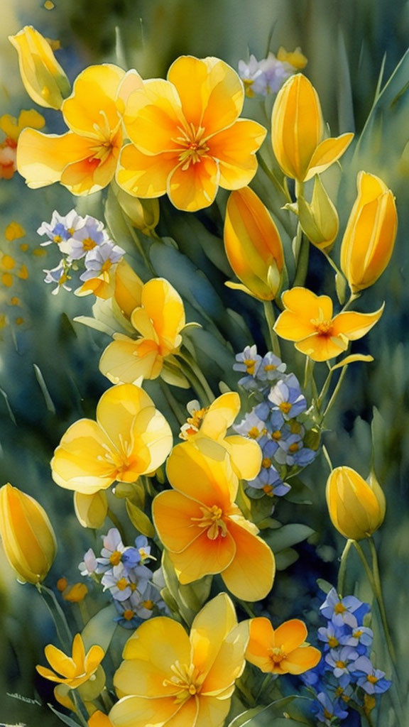 Colorful Cluster of Yellow and Blue Flowers on Green Background
