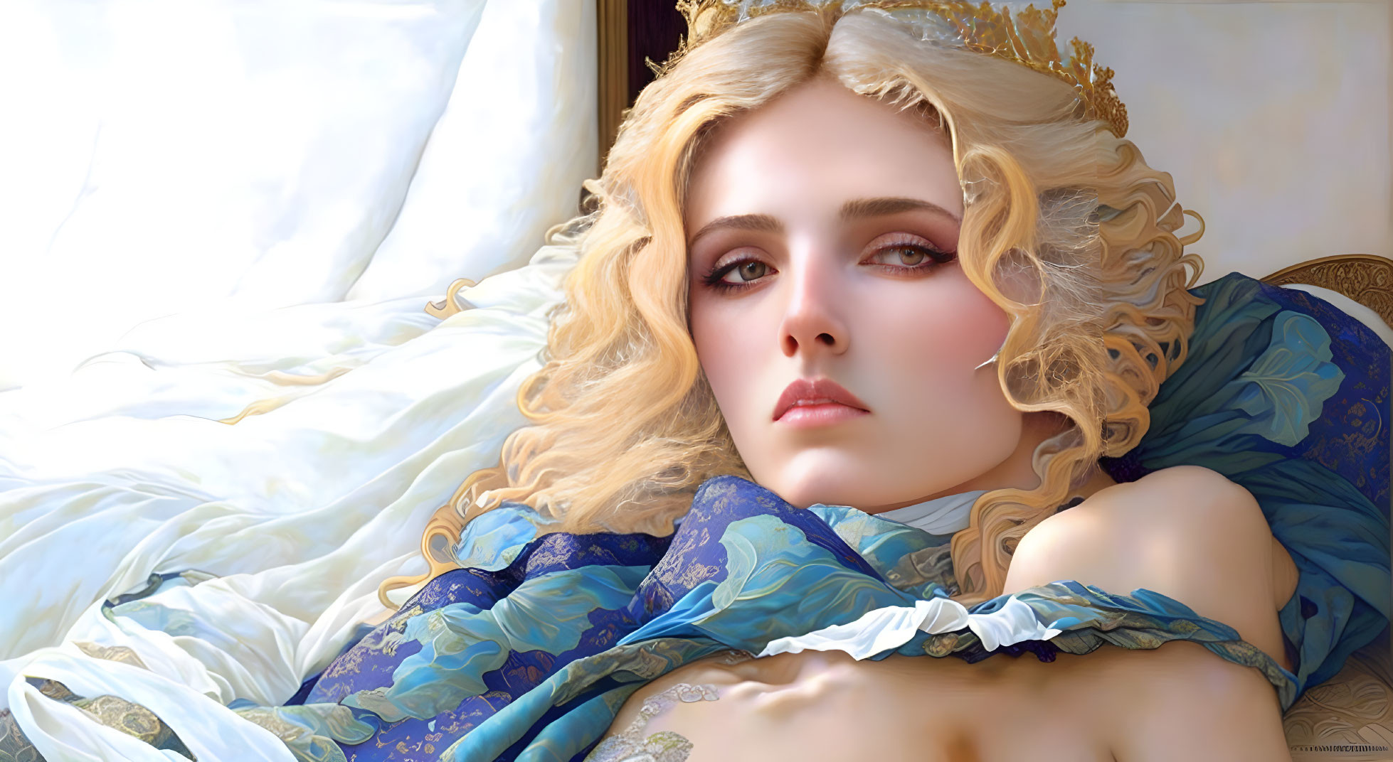 Detailed digital illustration: Woman with blonde, curly hair, golden crown, blue and gold dress, recl