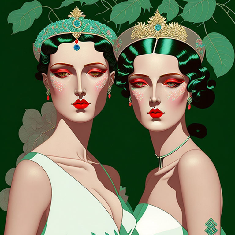 Stylized women with elaborate headdresses on green background