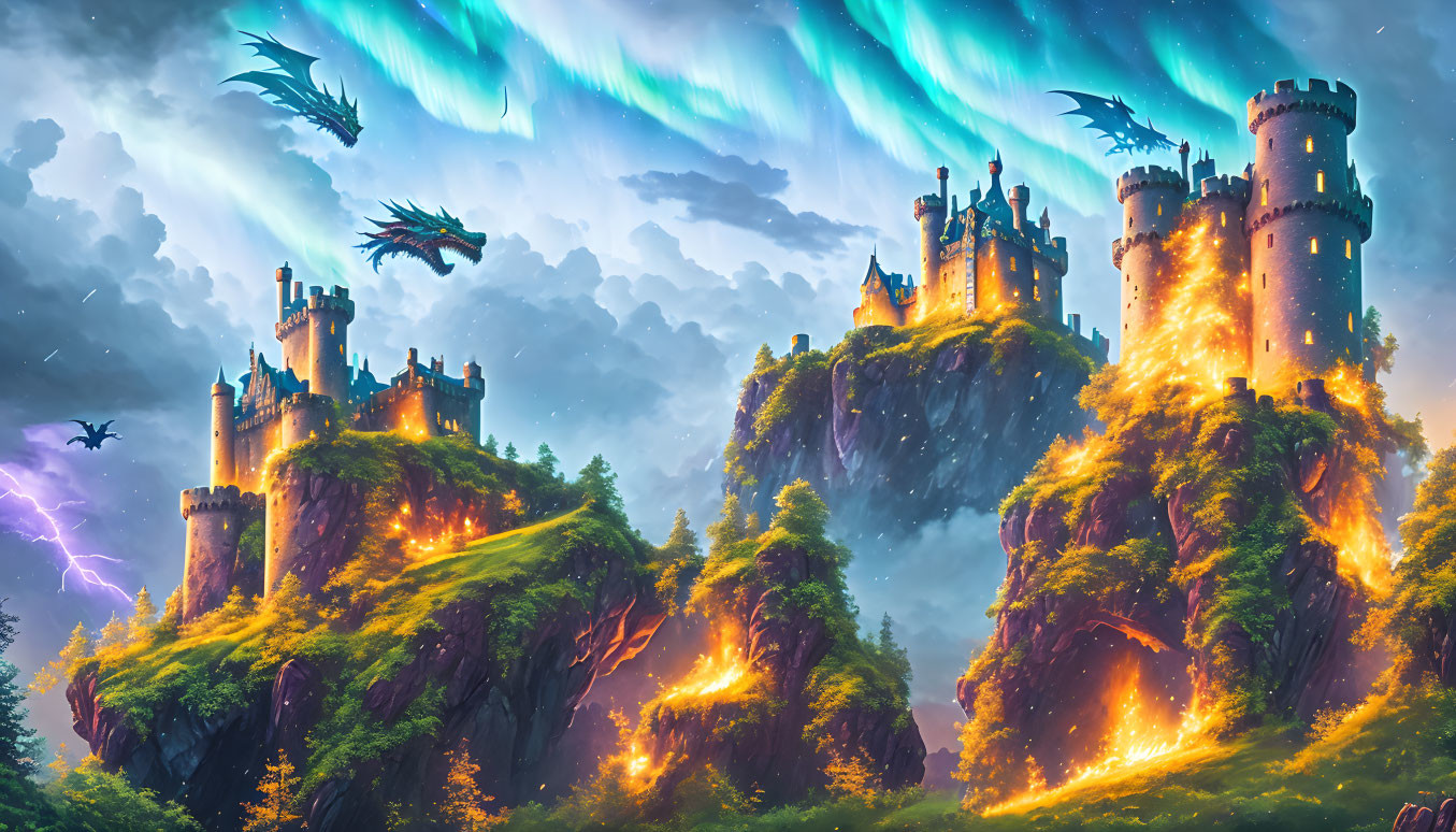 Fantastical landscape with twin castles, dragons, and aurora borealis