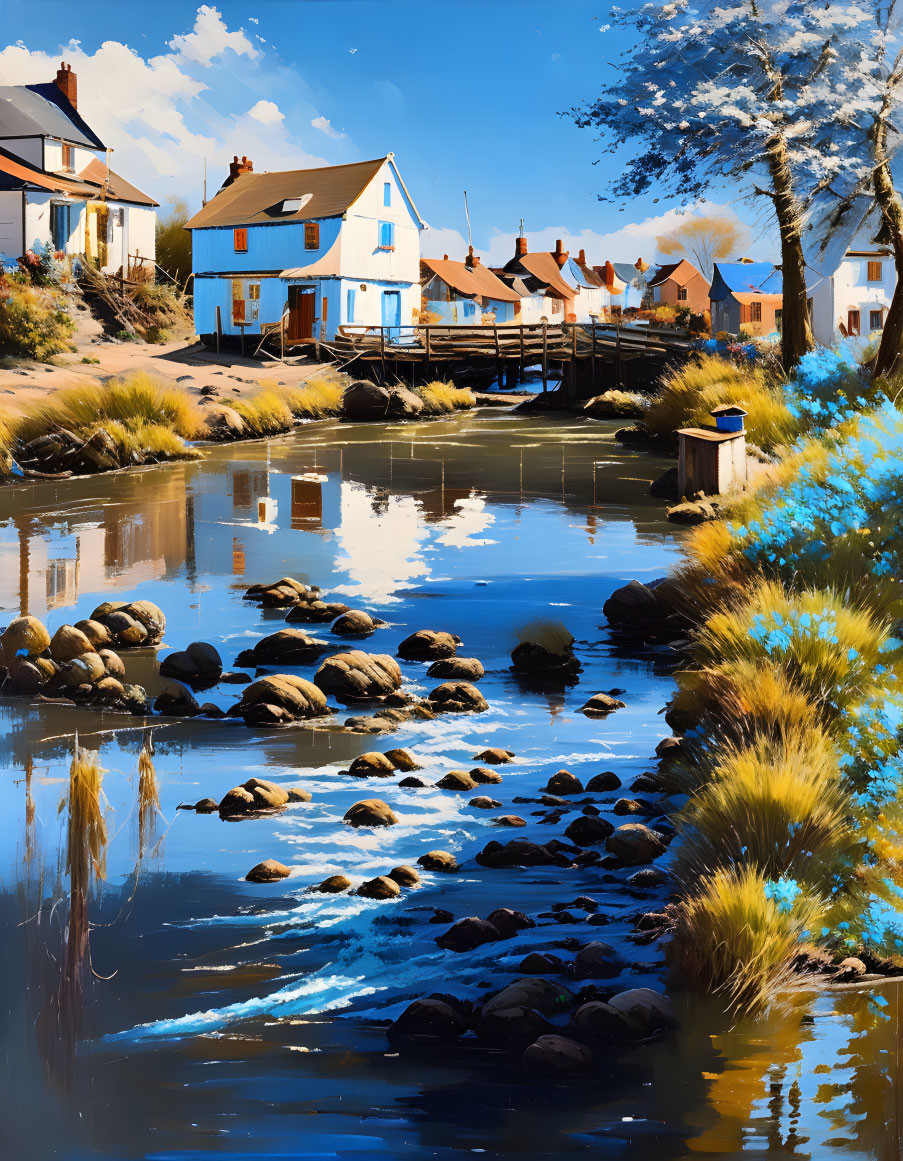 Tranquil riverside landscape with houses, bridge, and clear blue sky