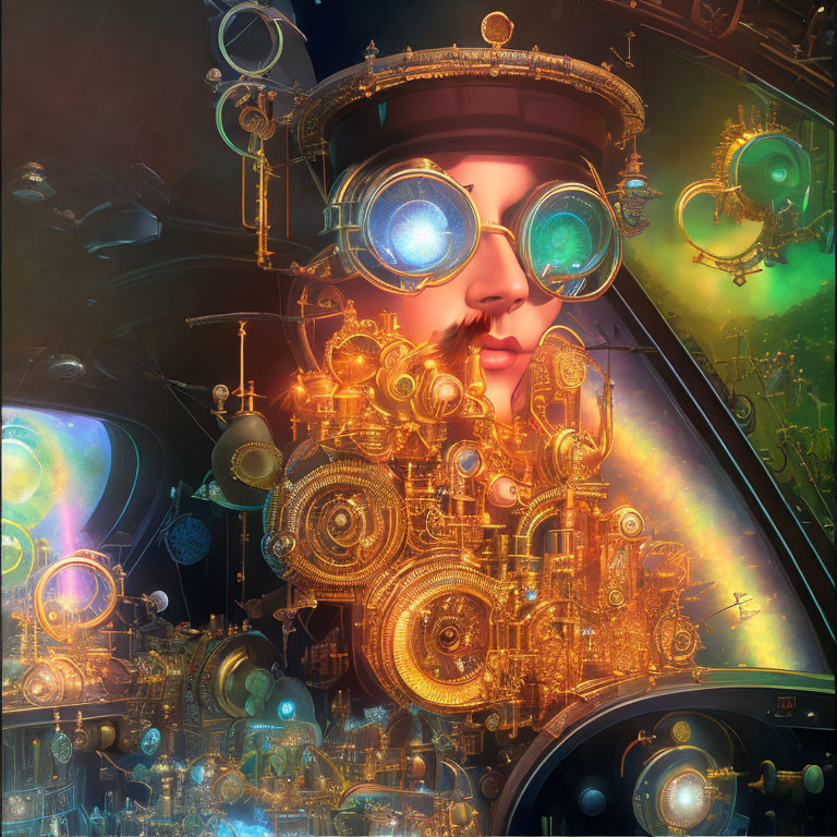 Surreal steampunk portrait with mechanical goggles and gear accessories in circular window room