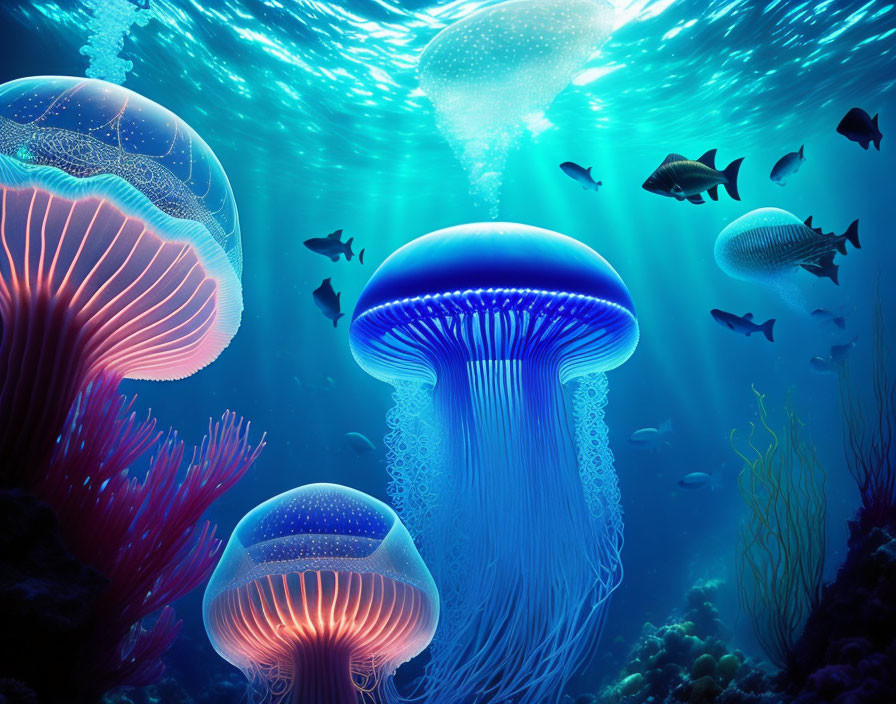 Colorful Underwater Scene: Glowing Jellyfish, Diverse Fish, Coral Reefs