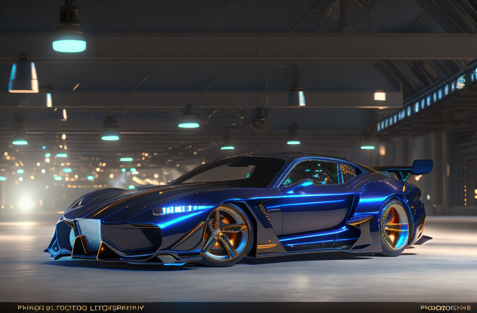 Blue Sports Car with Glowing Accents in Industrial Indoor Setting