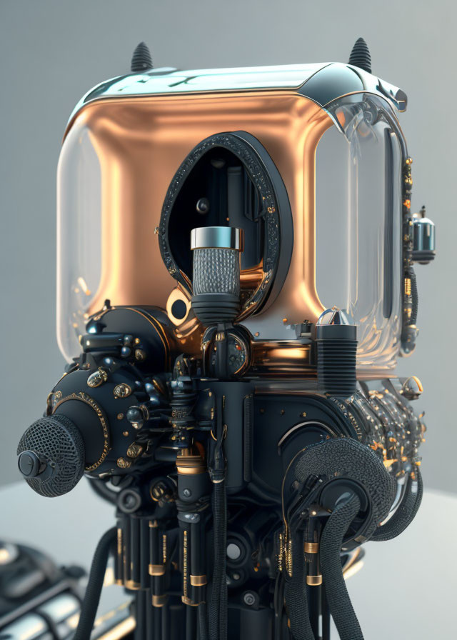 Futuristic copper robotic head with gears and pipes on grey background