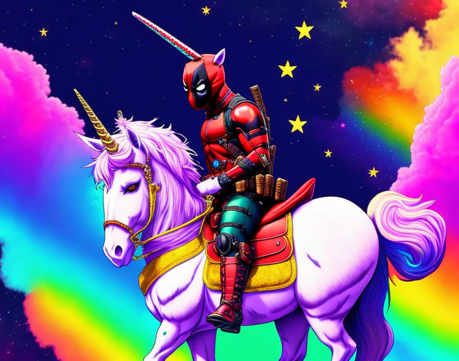 Deadpool riding a unicorn