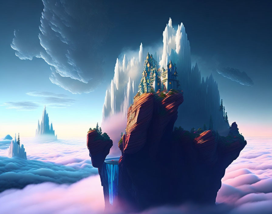 Fantastical floating island with castle, waterfall, cliffs, and sea of clouds