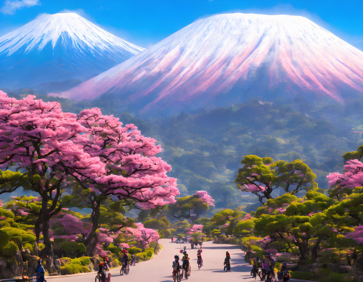 Cherry Blossoms in Full Bloom with Mount Fuji Background