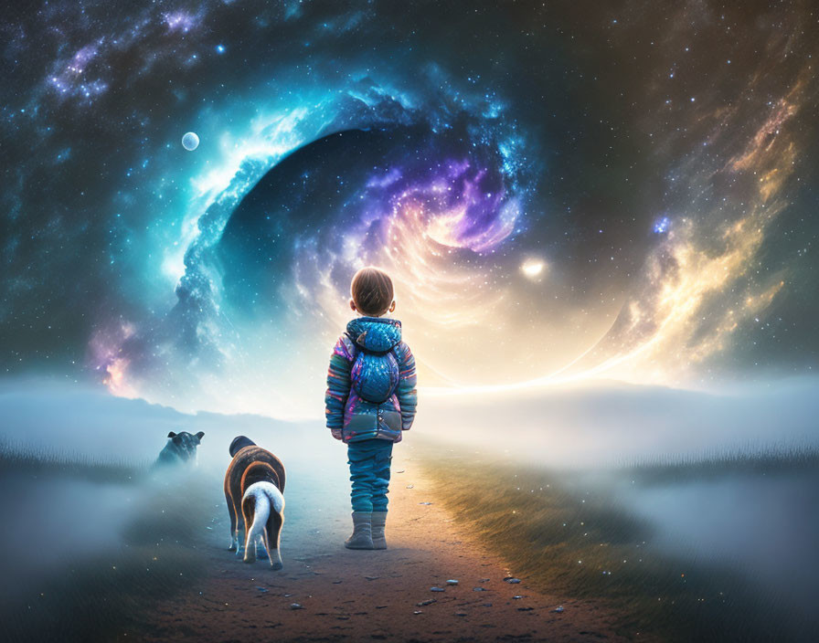 Child walking dog into the galaxy