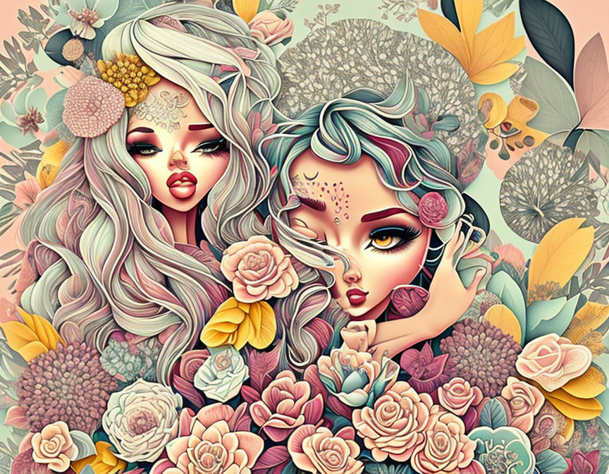 Stylized female figures with floral motifs and colorful leaves in hair