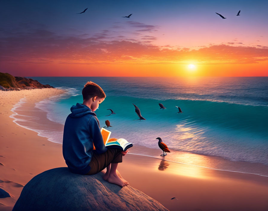 Person reading book on rock by sea at sunset with birds and waves.