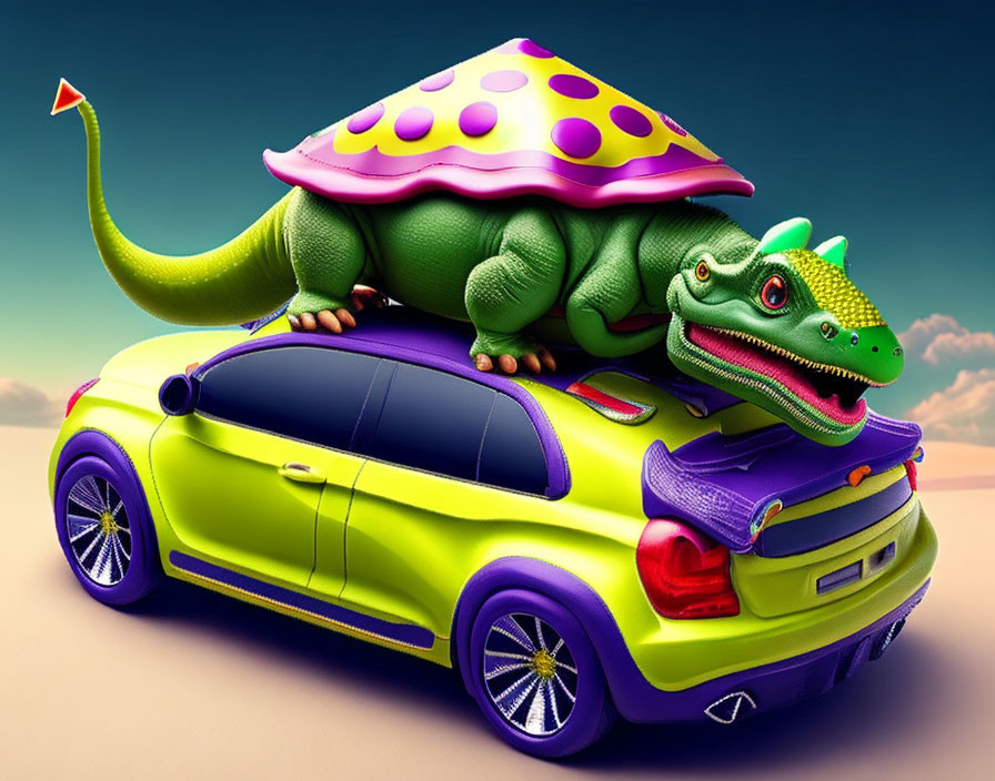 Baby dinosaur riding a car with a giant party hat