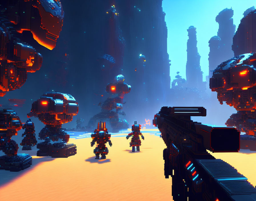 A first person shooter game with robots and aliens