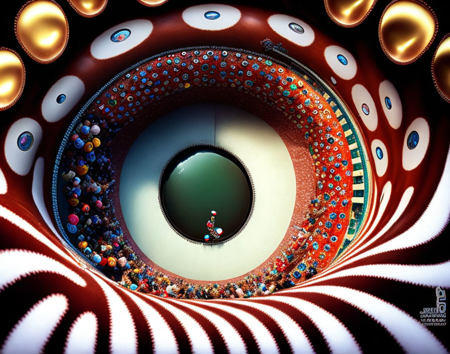 Colorful surreal bullring with eye-like patterns and reflective surfaces