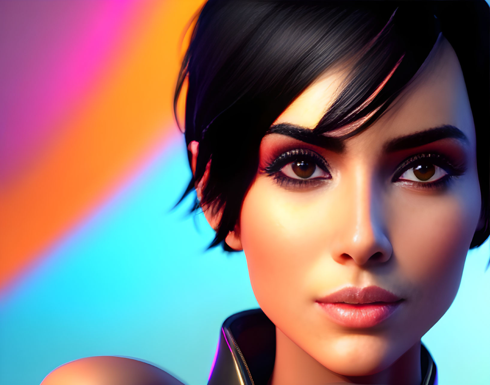 Female Character 3D Rendering with Dark Hair and Colorful Background