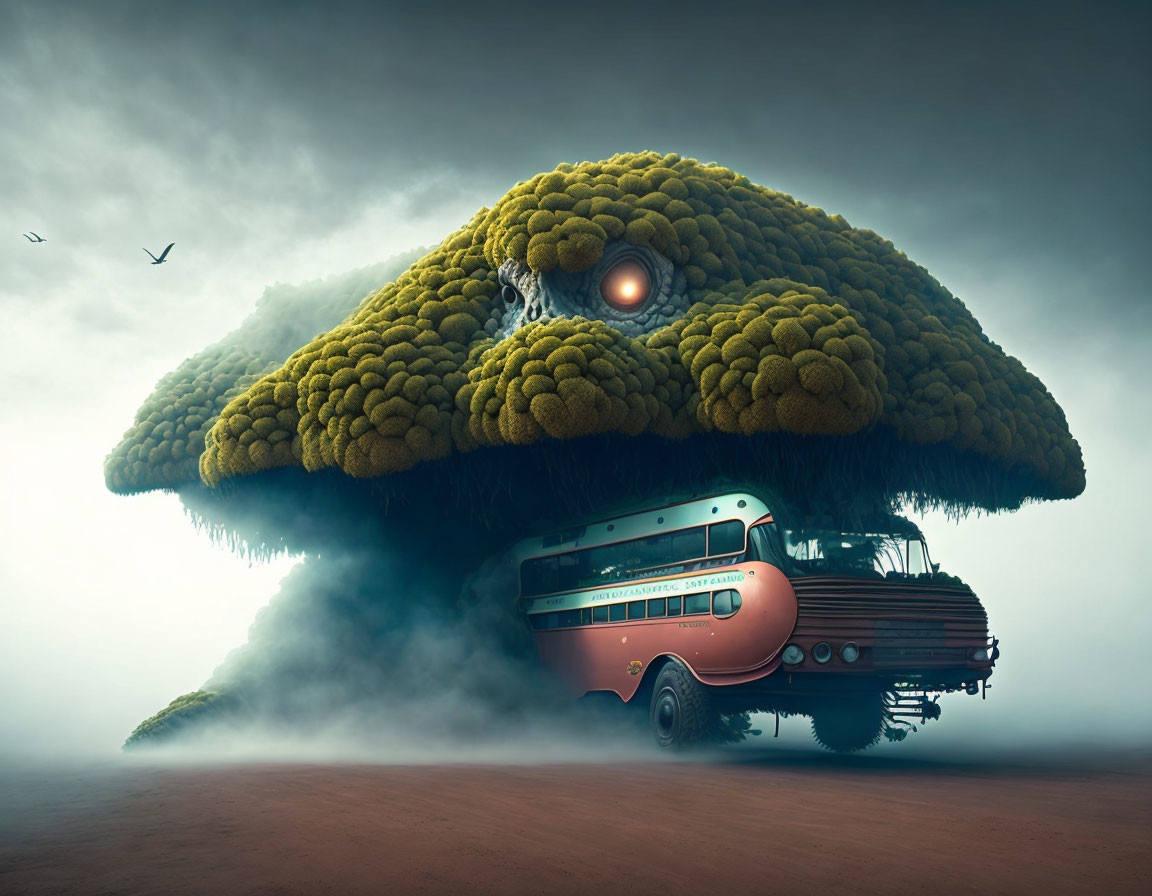Surreal image: Giant mushroom, vintage bus, misty landscape, glowing eye, birds