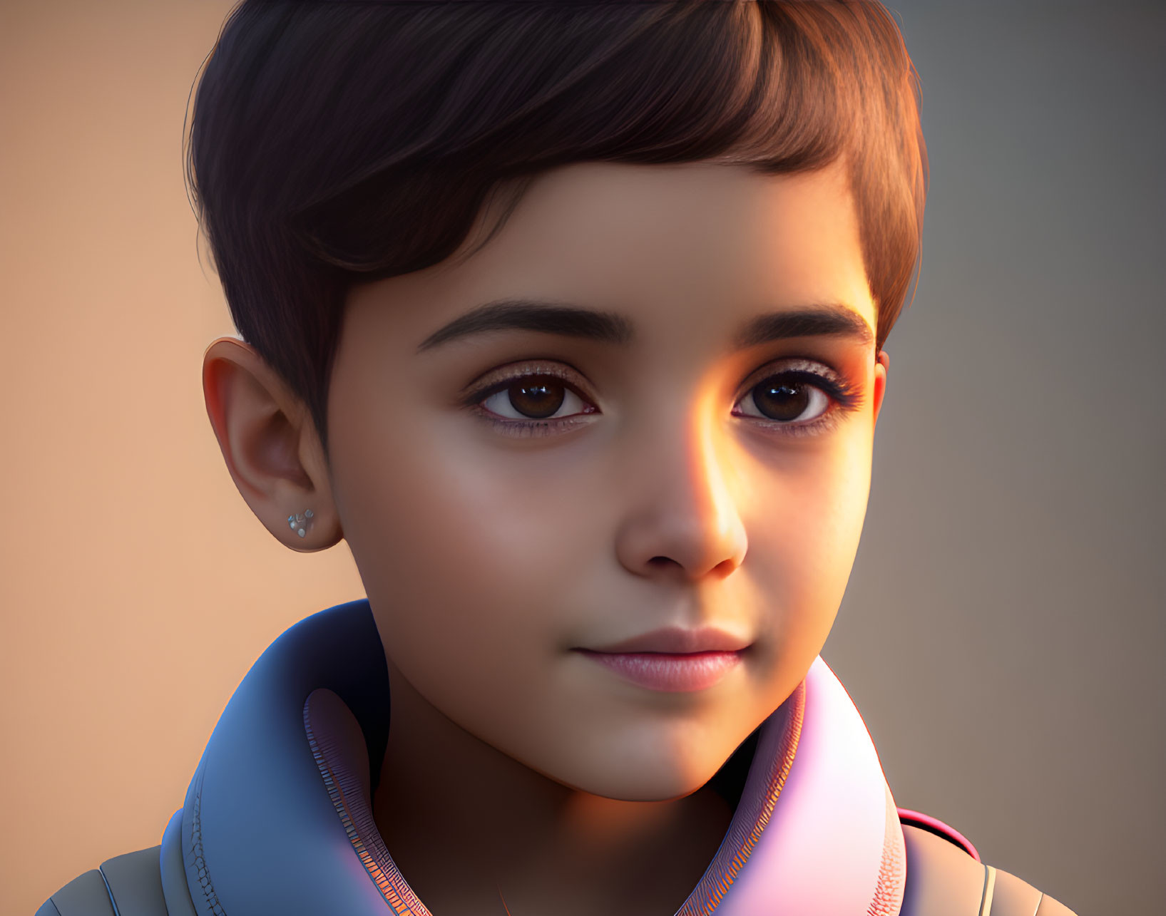 Young Child 3D Rendering: Brown Eyes, Short Hair, Collar Jacket