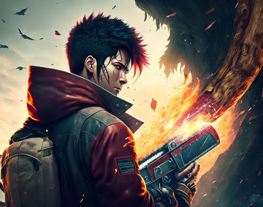 Spiky-haired anime character with scars holds chainsaw in fiery chaos