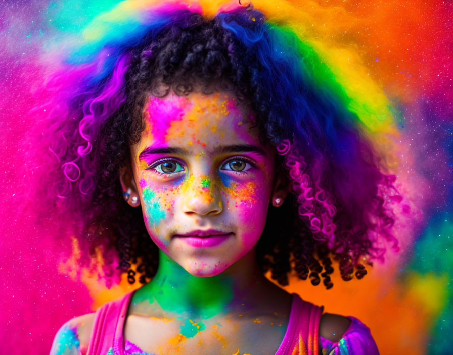 Curly-haired girl covered in vibrant holi powder on colorful background