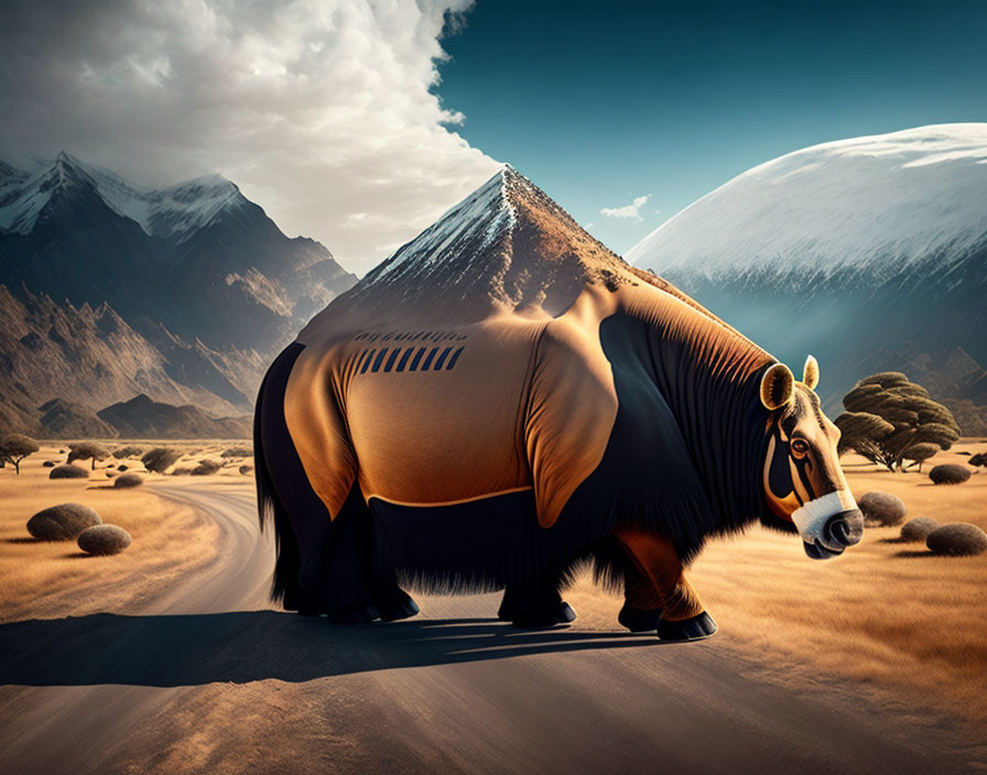 Surreal image: Hippopotamus with mountain back in desert landscape