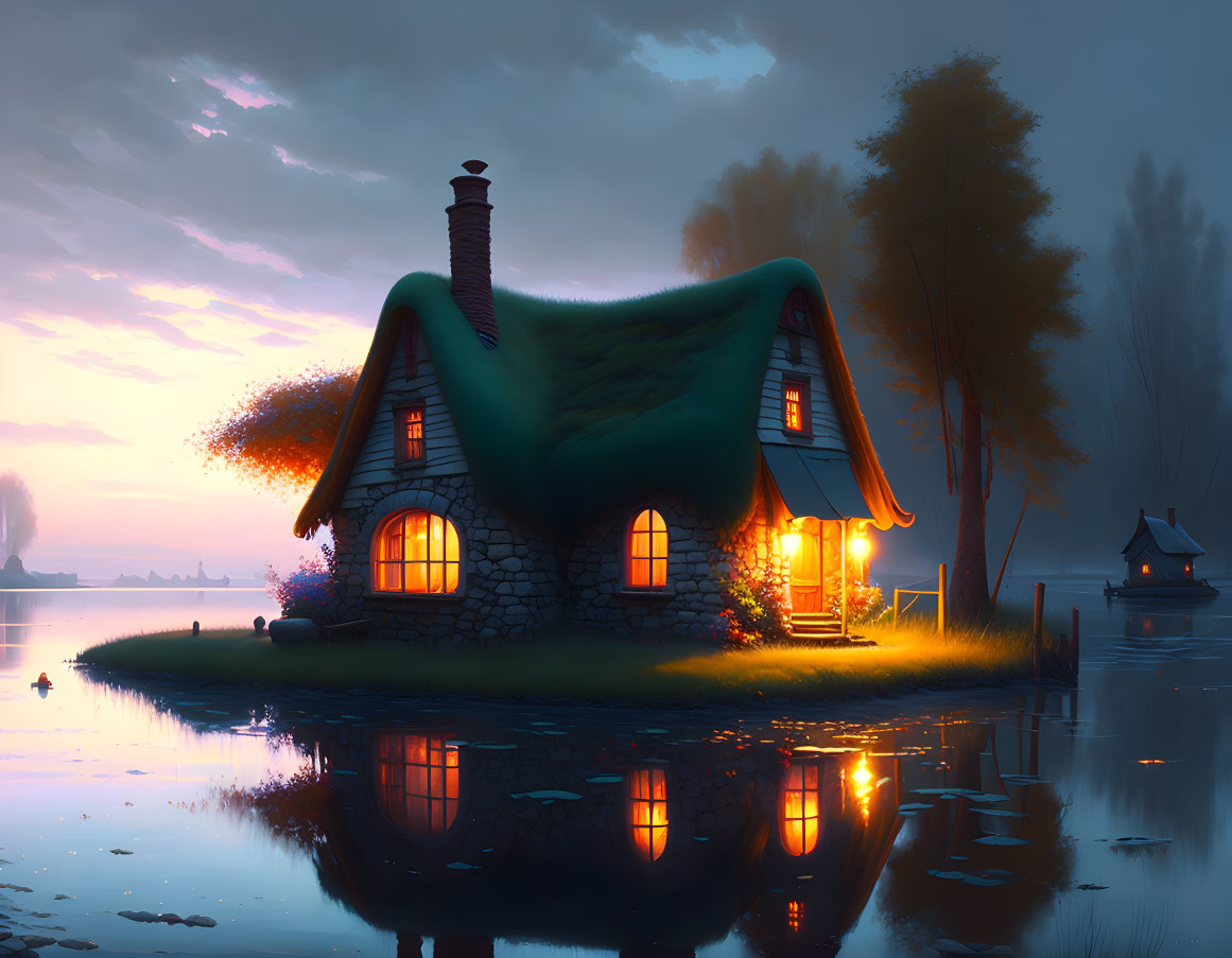 Thatched Roof Cottage Reflecting on Tranquil Lake at Twilight