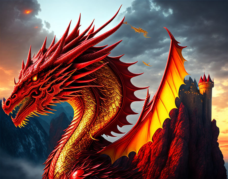 Red Dragon with Orange Underbelly Soars Over Castle on Rocky Peak
