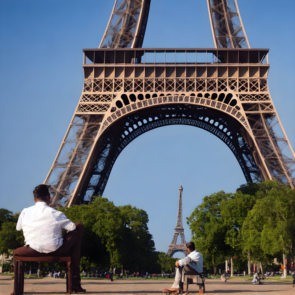 Person admires Eiffel Tower from bench on clear day