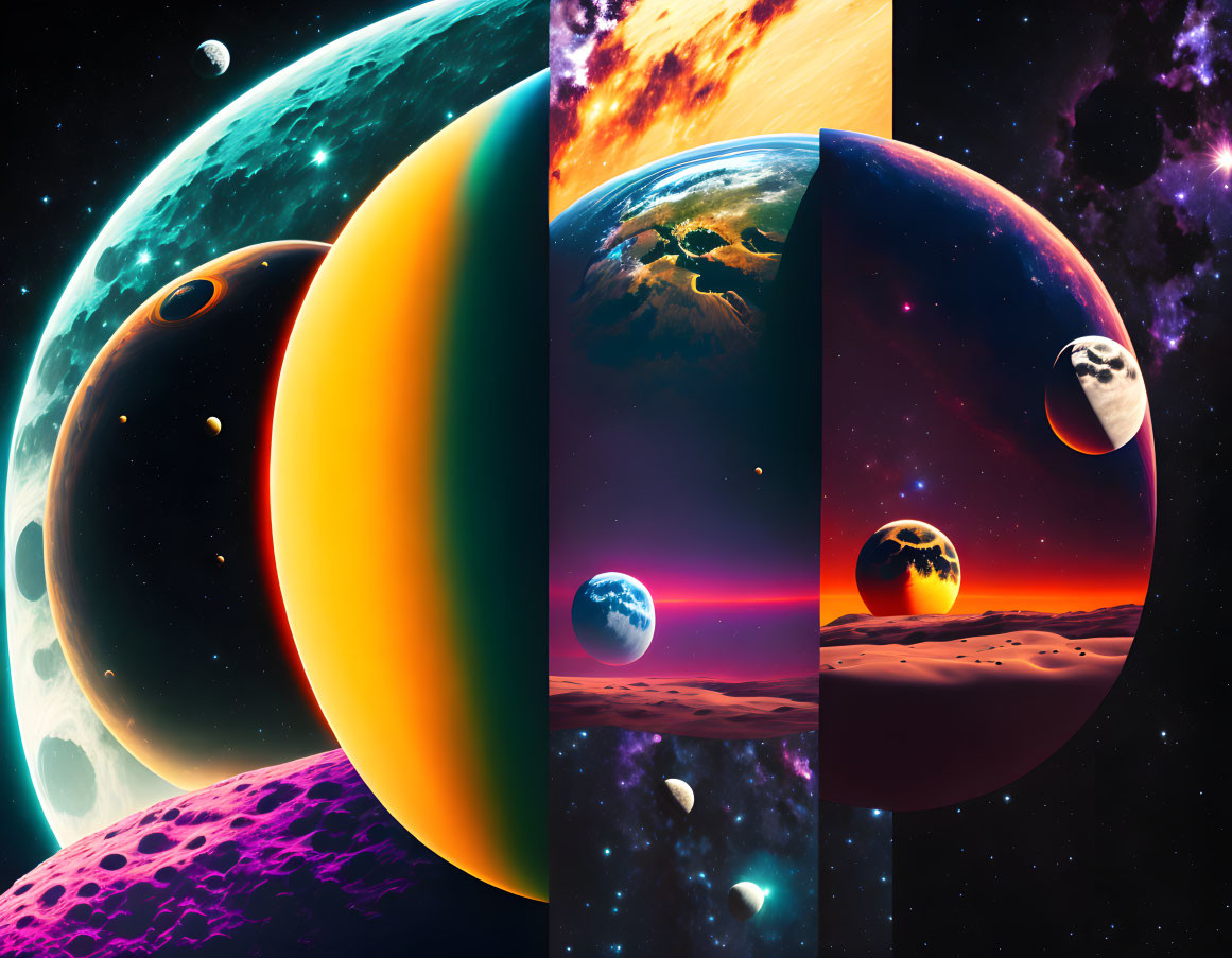 Colorful Celestial Collage: Planets, Moons, Stars, Nebulae