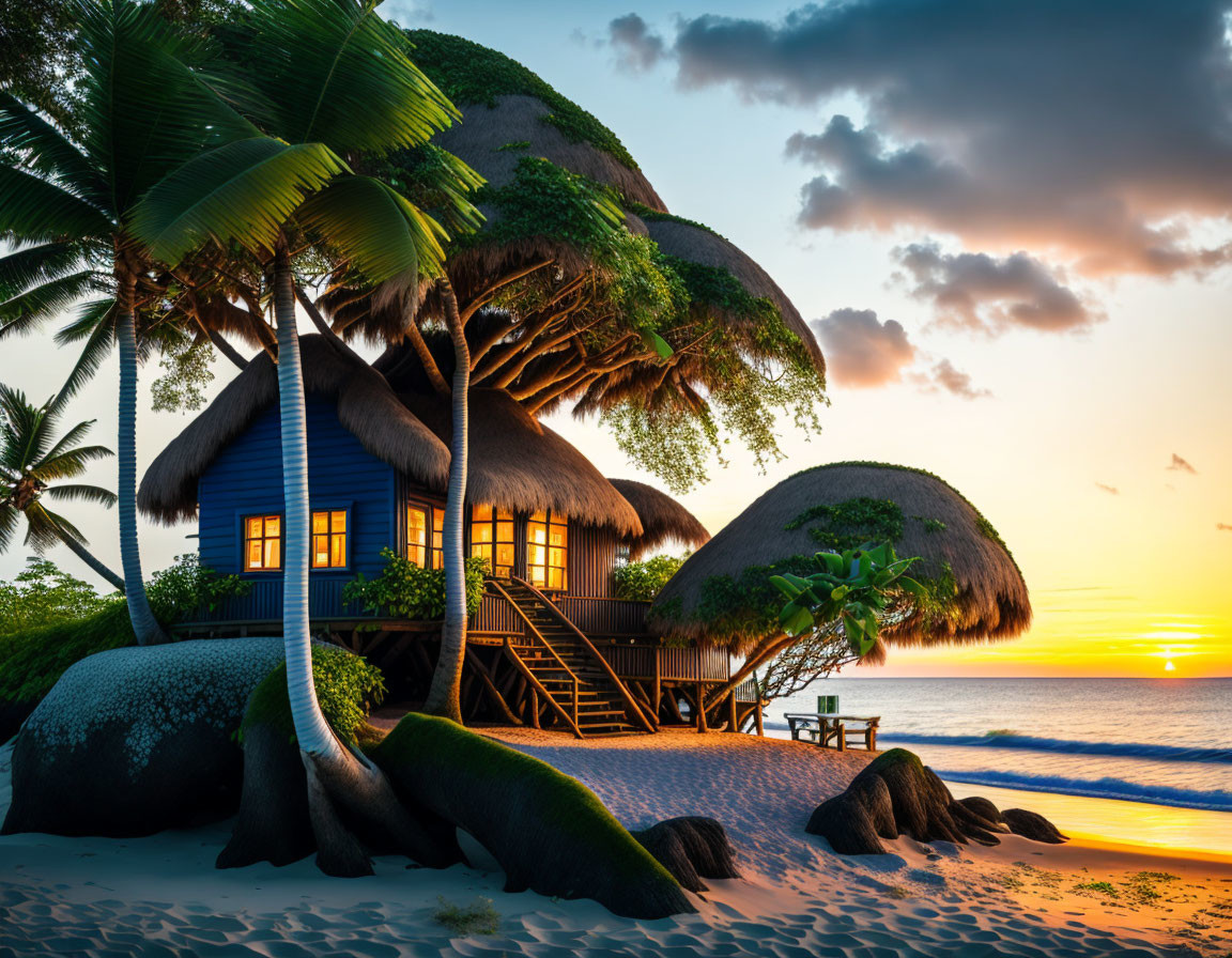 Tropical beach houses on sandy shore at sunset