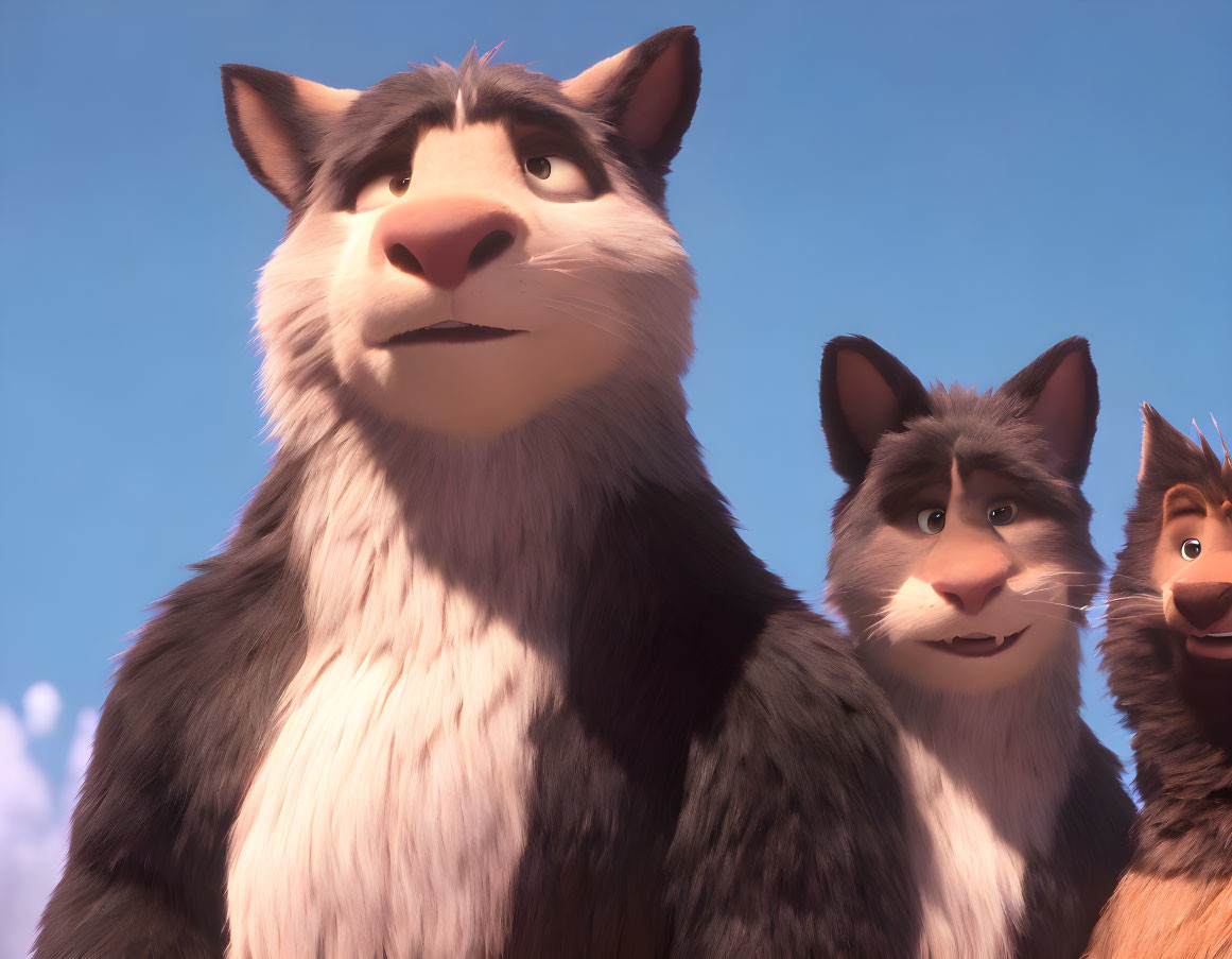 Three expressive animated wolves against a clear blue sky