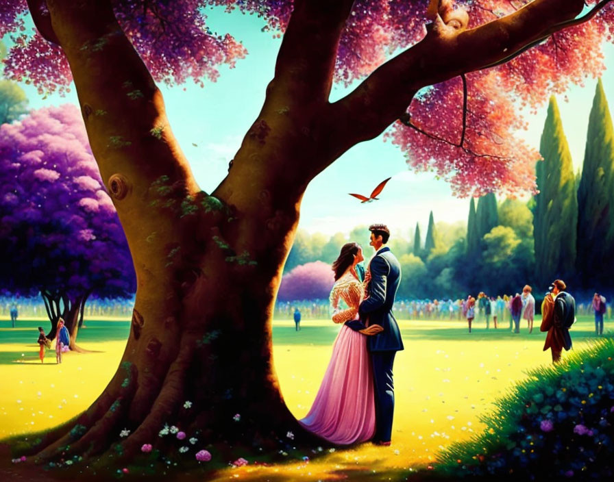 Couple embracing under vibrant tree in colorful park with blooming trees.