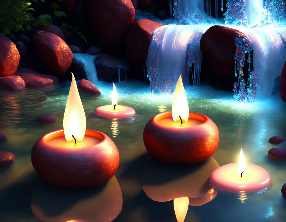 Tranquil waterfall scene with floating candles and rocks