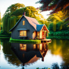 Tranquil pond sunset scene with glowing cottage and lush greenery