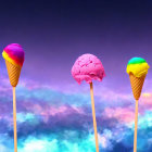 Colorful Ice Cream Cones Against Vibrant Sky with Pink and Blue Clouds