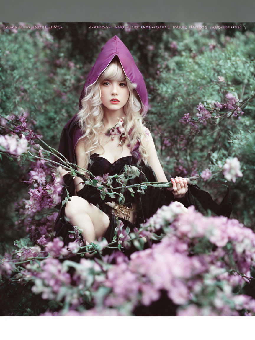 Woman in Purple Hood and Black Dress Surrounded by Pink Flowers Holding Branch