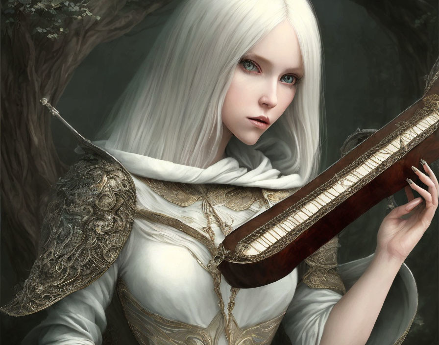 Fantasy illustration of pale woman in ornate armor with white hair and blue eyes