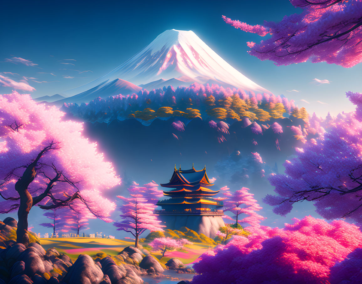 Sakura trees with mount Fuji
