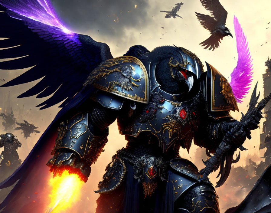 Armored warrior with flamethrower and golden trim, surrounded by flying ravens under dramatic sky