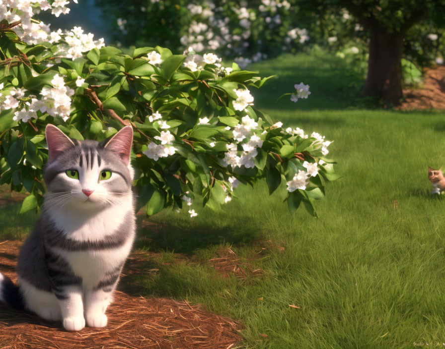Digital Artwork: Gray and White Cats in Serene Garden Scene
