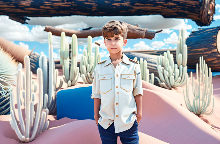 Serious boy in surreal desert with oversized cacti